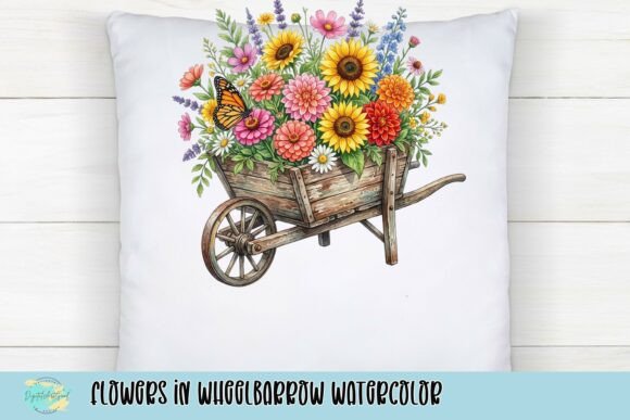 Flowers in Wheelbarrow Watercolor: A Design Asset for Seasonal Charm