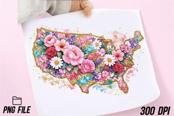 Glitter Floral American Map PNG: A Designer's Patriotic Asset