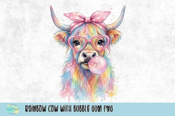 Rainbow Cow with Bubble Gum PNG: A Whimsical Design Asset