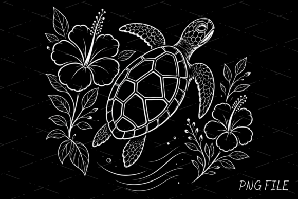Turtle Floral Minimal Beach PNG: Clean Coastal Design